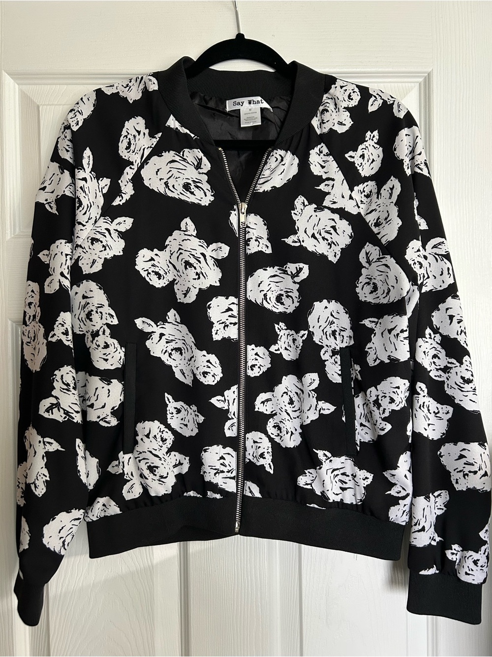 Say What? Black Bomber Jacket with White Floral Print